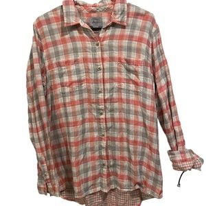 Bass Pink Gray White Cotton Plaid Flannel Long Sleeve Button Down Casual Top